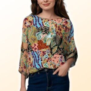 NWT M MISSONI Ocher Silk Blend Floral Print 3/4 Sleeve Blouse Womens Sz XS